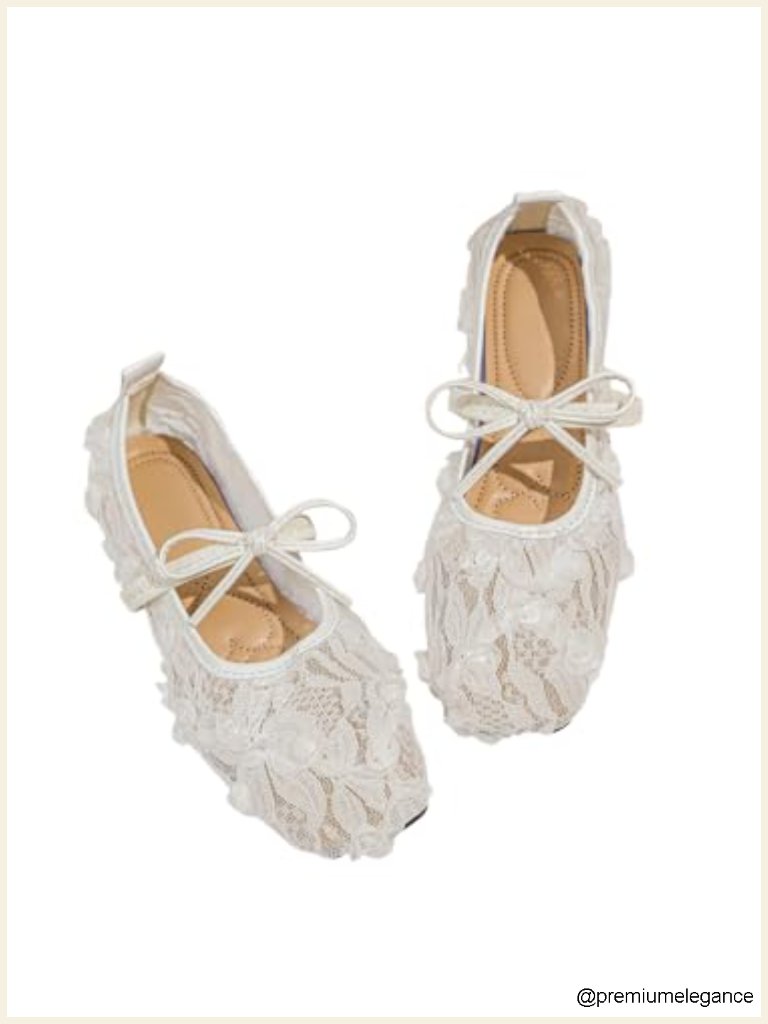 Women's Lace Mesh Ballet Flat Square Toe Slip On Bow Dress Shoes